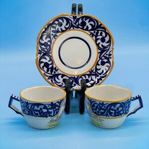 Vintage Henriot Quimper Man Woman Hand Painted 2 Teacups 1 Saucer Signed